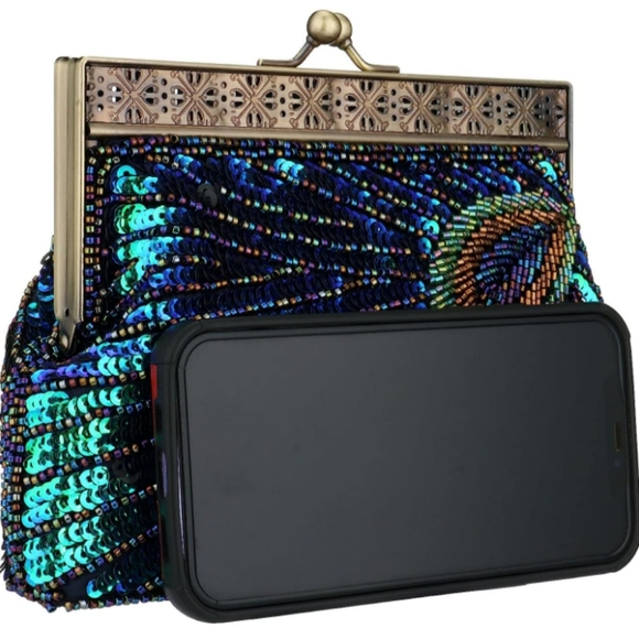 Peacock Feather 20s 30s Retro Sequin Clutch Purse Blue Evening Bag Chain Strap - Picture 7 of 11